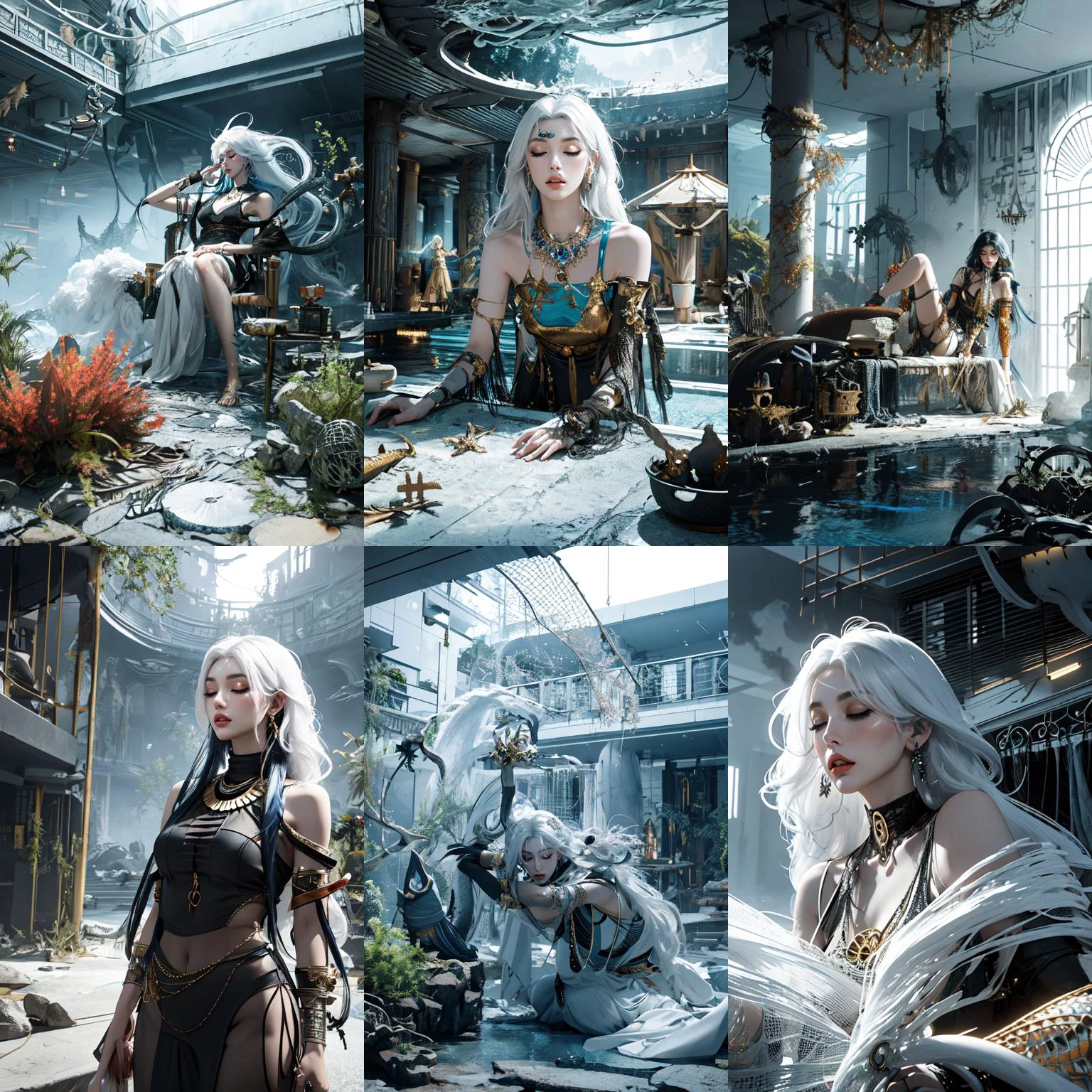 (otherworldly, otherworldly atmosphere, otherworldly appearance), highly insanely detailed, masterpiece, top quality, best quality, highres, 4k, 8k, RAW photo, ((ancient egyptian theme:1.2)), 
(mystical theme), mystical gatmosphere, arcane sanctuaries, otherwordly aura, 
(long_hair, long hair, random colors hair, glowing hair, hair over one eye, long messy hair), 
(eyelashes, eyeliner, eyeshadow, eyelashes, long eyelashes), 
collar, earrings, jewelry, necklace, armlet, 
tentacle, (underwater), nsfw, 
Homestay, Resort, Guest House, 
building, structure, still life, swirling energy, 
action pose, 
drunk, closed eyes, 
abandoned building, shopping mall, overgrown with vegetation, [volumetric fog], cinematic lighting, colorful, 
fishing net, white hair, <lora:fishing net_20240225015113-000002:0.9>, fishing net, (fantasy world)