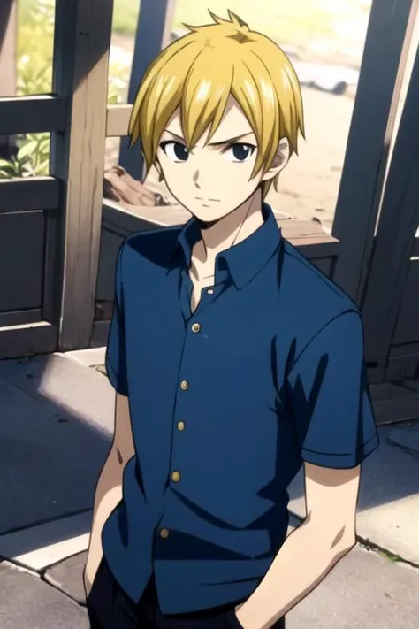 masterpiece, best quality, game cg, 1boy, solo, male focus, looking at viewer, , depth of field, ligne claire, realistic, <lora:eve_tilm:0.72>, eve_tilm, blonde hair, black eyes, , , bridge, Blu-ray