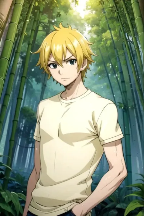 masterpiece, best quality, game cg, 1boy, solo, male focus, looking at viewer, upper body, depth of field, anime coloring, , <lora:eve_tilm:0.74>, eve_tilm, blonde hair, black eyes, crewneck, , bamboo forest,