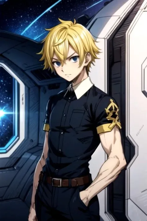 masterpiece, best quality, sketch, 1boy, solo, male focus, looking at viewer, , , anime coloring, , <lora:eve_tilm:0.66>, eve_tilm, blonde hair, black eyes, romper, , science fiction space western, High resolution