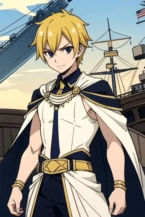 masterpiece, best quality, illustration, 1boy, solo, male focus, looking at viewer, , , , , <lora:eve_tilm:0.74>, eve_tilm, blonde hair, black eyes, egyptian costume, ship, HDR