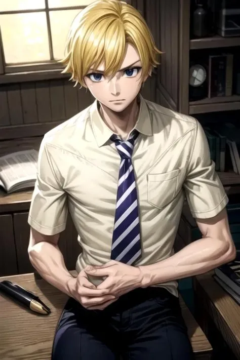 masterpiece, best quality, illustration, 1boy, solo, male focus, looking at viewer, , depth of field, anime coloring, , <lora:eve_tilm:0.72>, eve_tilm, blonde hair, black eyes, , hard science fiction,