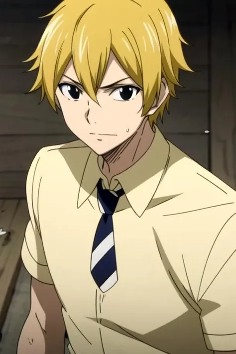 masterpiece, best quality, movie still, 1boy, solo, male focus, looking at viewer, upper body, depth of field, anime coloring, , <lora:eve_tilm:0.74>, eve_tilm, blonde hair, black eyes