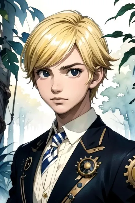 masterpiece, best quality, , 1boy, solo, male focus, looking at viewer, upper body, depth of field, (watercolor illustration, soft pastel colors:1.1), , <lora:eve_tilm:0.74>, eve_tilm, blonde hair, black eyes, , , steampunk, 32k resolution