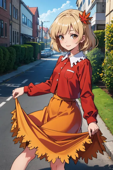 masterpiece, best quality, aki shizuha, leaf hair ornament, red shirt, long sleeves, skirt <lora:touhou_shizuhaaki-10:1> skirt hold, looking at viewer, smile, autumn, street