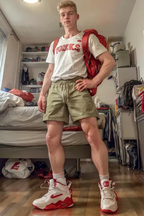 (college dorm room), standing next to bed, PetoMohac wearing shirt, (khaki shorts), backpack, long white socks, red commandforce sneakers, (wide angle), (((full body portrait))) <lora:PetoMohac-000008:0.8> <lora:commandforce_v0.1:0.8>