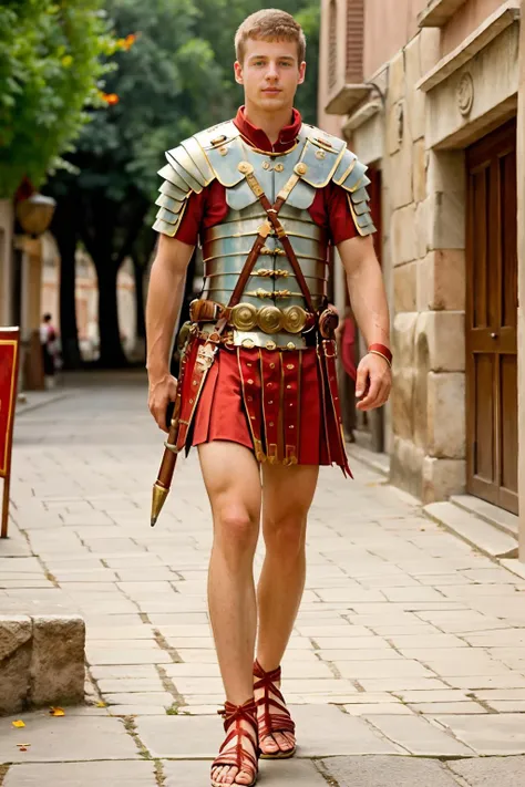 fantrome, walking the streets of a roman city, PetoMohac is a roman soldier wearing loriseg armor, red tunic, red shirt, sandals, ((full body portrait)) wide wangle <lora:PetoMohac-000008:0.8>   <lora:LoricaSegmentataRomanLegionary_V2-E10:0.6>  <lora:fantrome_v3:0.45>