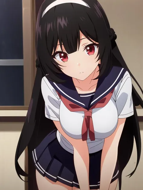 ç¬é£¼å æ,1girl,red eyes,black hair,long hair,bangs,white hairband,very long hair,braid,large breasts, <lora:ç¬é£¼å æ1V-000007:0.8>,cowboy shot, 
sailor collar,collarbone,serafuku,short sleeves,pleated skirt, Exquisite visuals, high-definition,masterpiece,best quality,