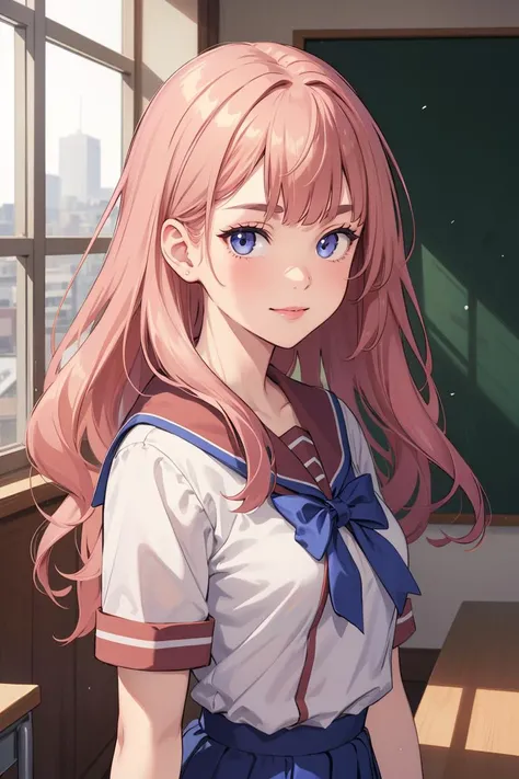 (masterpiece, best quality, beautiful and aesthetic:1.3), 1girl, light smile, solo, pink hair, very long hair, wavy hair, upper body, closeup portrait, purple school uniform, bowtie, sailor collar, pleated skirt, looking at viewer, shiny skin, beautiful face, beautiful eyes, indoors, school, classroom, windows, standing, extreme detailed, official art, professional illustration, hires, <lora:SF_School_Dress_By_Stable_Yogi:0.8>