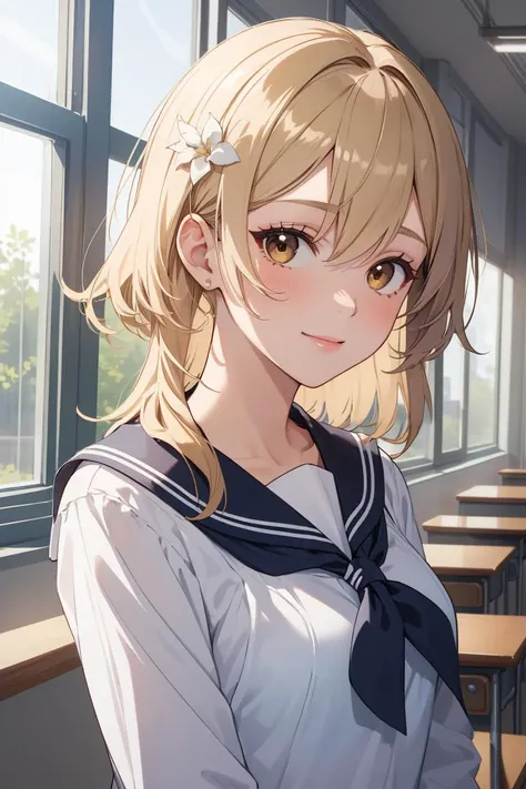 (masterpiece, best quality, beautiful and aesthetic:1.3), 1girl, light smile, solo, luminedef, blonde hair, brown eyes, hair between eyes, upper body, closeup portrait, school uniform, sailor collar, looking at viewer, indoors, school, classroom, windows, standing, <lora:genshinfull1:0.8>