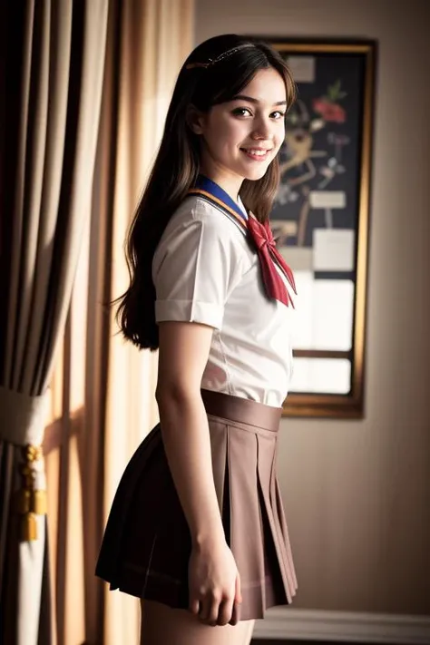 ((1 girl, 22 y.o, Masterpiece, best quality, cinematic lighting, 8k, full body shot, long hair, hourglass body)), (smile:0.85), (realistic background:1.2)
<lora:SF_School_Dress_By_Stable_Yogi:0.8>
brown school uniform, bowtie, sailor collar, pleated skirt