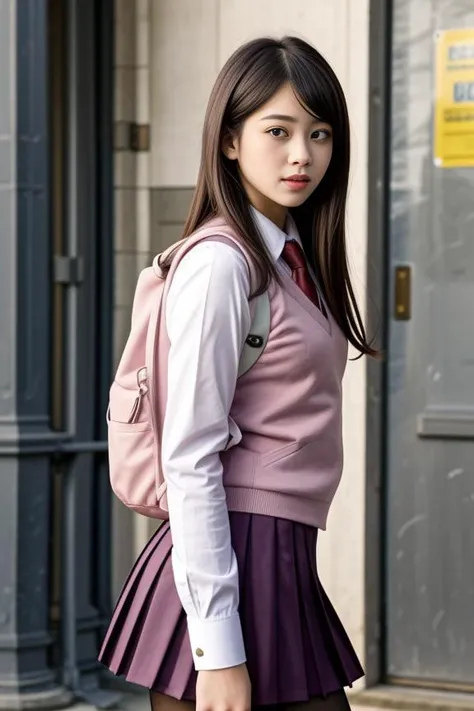 school uniform, necktie, backpack, pink vest, sweater vest, collared shirt, long sleeves, pleated skirt, pantyhose
<lora:Pink_Purple_School_Dress_By_Stable_Yogi:1>