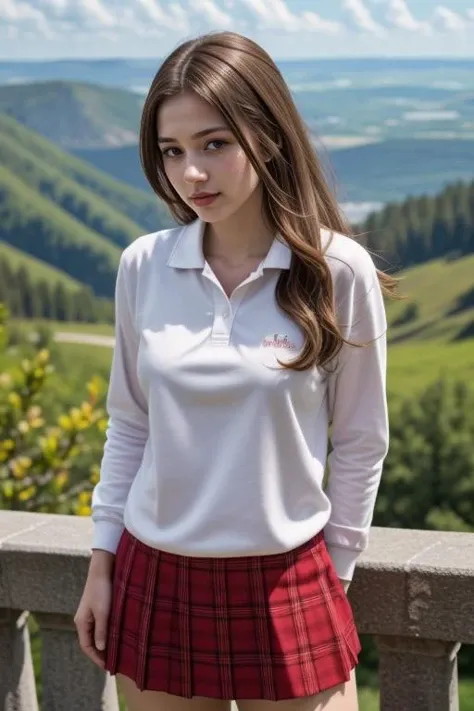 1 woman, 22yo, (realistic, masterpiece, high detailed skin:1.2) (looking at viewer, full body shot, scenic view, long hair:1.2)
<lora:Polo_Skirt_By_Stable_Yogi:1> white shirt, polo shirt, long sleeves, red plaid  skirt,