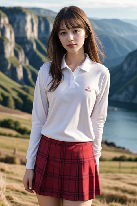 1 woman, 22yo, (realistic, masterpiece, high detailed skin:1.2) (looking at viewer, full body shot, scenic view, long hair:1.2)
<lora:Polo_Skirt_By_Stable_Yogi:1> white shirt, polo shirt, long sleeves, red plaid  skirt,