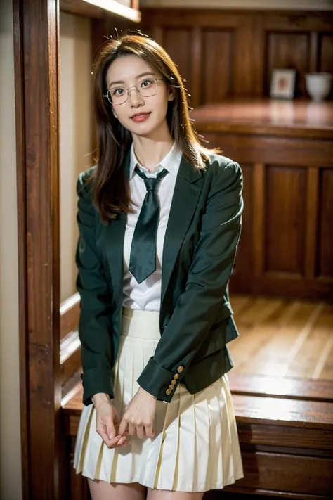 1girl, ((Masterpiece, best quality, cinematic lighting, 8k, full body shot, long hair)), (smile:0.85), (realistic background), <lora:GW_School_Dress_By_Stable_Yogi:1>, green jacket, looking at viewer, white shirt, pleated skirt, neck tie, school dress, glasses, <lora:model-10:0.75>