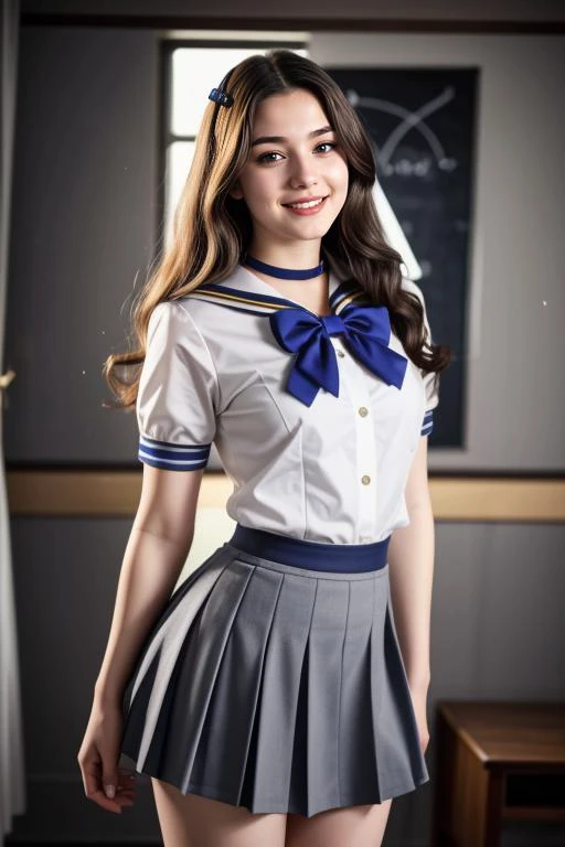 ((1 girl, 22 y.o, Masterpiece, best quality, cinematic lighting, 8k, full body shot, long hair, hourglass body)), (smile:0.85), (realistic background:1.2)
<lora:SF_School_Dress_By_Stable_Yogi:0.8>
gray school uniform, bowtie, sailor collar, pleated skirt