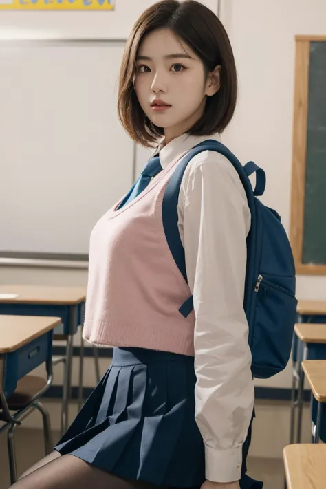 <lora:Pink_Purple_School_Dress_By_Stable_Yogi:0.8>, best quality, masterpiece, illustration, realistic, photo-realistic, amazing, finely detail, incredibly absurdres, huge filesize, ultra-detailed, highres, extremely detailed CG unity 8k wallpaper, nsfw, A cute young woman with Korean-style facial features resembling a popular actress is sitting in a classroom. She has short hair and is wearing light makeup. She is wearing a school uniform, consisting of a pink vest, a white collared shirt with long sleeves, a pleated skirt, and pantyhose. She is also wearing a necktie and a backpack. The scene is set in a well-lit classroom, and the photo is taken from a candid perspective, similar to one taken with a high-end DSLR camera with depth of field.