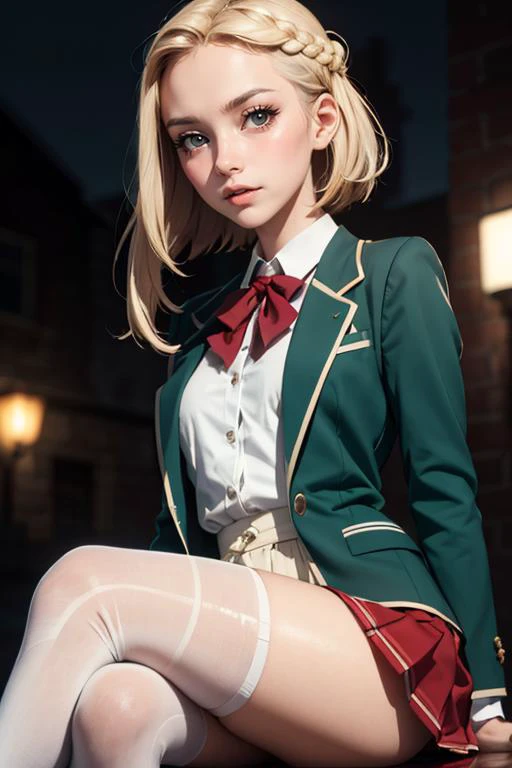 cute,slender,european, eyes,pale cheeks,square face shape with angular jaw,natural "no-makeup" makeup,(medium blonde hair),
Small Breasts,
blurred desaturated bokeh background,
dark theme,
soothing tones,
muted colors,
high contrast,
(pale skin texture, hyperrealism, soft light, sharp),
artistic photoshoot,
milkmaid braid hair,
(ultra realistic,32k, masterpiece),(high detailed skin),( high quality),
(looking at viewer, sitting, crossed legs, from below:1.1), gentle rain with soft overcast light,
<lora:GRB_School_Dress_By_Stable_Yogi:0.8> school uniform, green blazer, red skirt, thighhighs