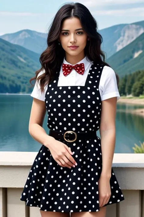 realistic, masterpiece, high detailed skin, looking at viewer, full body shot, scenic view, long hair, black hair
<lora:Pinafore_Polka_School_Dress_By_Stable_Yogi:1> polka dots pattern, black pinafore dress, long skirt, red bowtie, belt