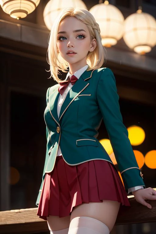 cute,slender,european, eyes,pale cheeks,square face shape with angular jaw,natural "no-makeup" makeup,(champagne blonde hair),
Small Breasts,
blurred desaturated bokeh background,
dark theme,
soothing tones,
muted colors,
high contrast,
(pale skin texture, hyperrealism, soft light, sharp),
artistic photoshoot,
milkmaid braid hair,
(ultra realistic,32k, masterpiece),(high detailed skin),( high quality),
(looking at viewer, standing, from below:1.1),twilight rain with fading daylight,
<lora:GRB_School_Dress_By_Stable_Yogi:0.8> school uniform, green blazer, red skirt, thighhighs