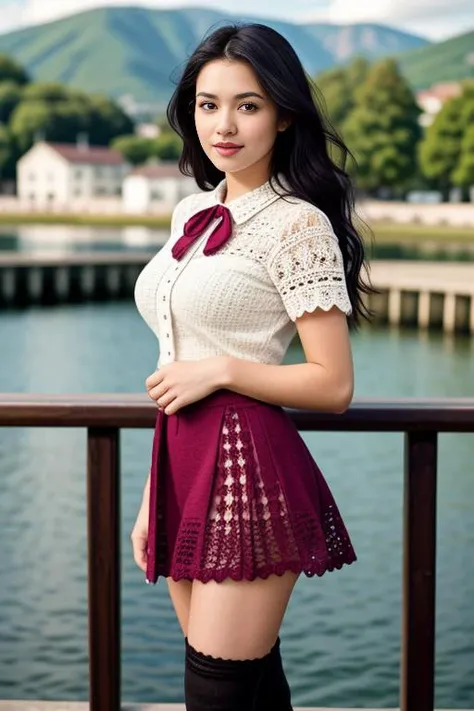 1 woman, 22yo, realistic, masterpiece, high detailed skin, looking at viewer, full body shot, scenic view, long hair, black hair
<lora:Crochet_School_Dress_By_Stable_Yogi:1> crochet pattern school uniform, crochet miniskirt, crochet tie, crochet shirt, boots, tighhighs