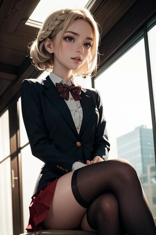 cute,slender,european, eyes,pale cheeks,square face shape with angular jaw,natural "no-makeup" makeup,(pewter blonde hair),
Small Breasts,
blurred desaturated bokeh background,
dark theme,
soothing tones,
muted colors,
high contrast,
(pale skin texture, hyperrealism, soft light, sharp),
artistic photoshoot,
milkmaid braid hair,
(ultra realistic,32k, masterpiece),(high detailed skin),( high quality),
(looking at viewer, sitting, crossed legs, from below:1.1), rainy evening with city lights reflection,
<lora:GRB_School_Dress_By_Stable_Yogi:0.8> school uniform, green blazer, red skirt, thighhighs