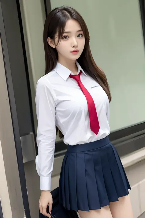 1girl, <lora:White_Blue_SchoolDress_By_Stable_Yogi:0.8> school uniform, white shirt, red tie, blue pleated microskirt,