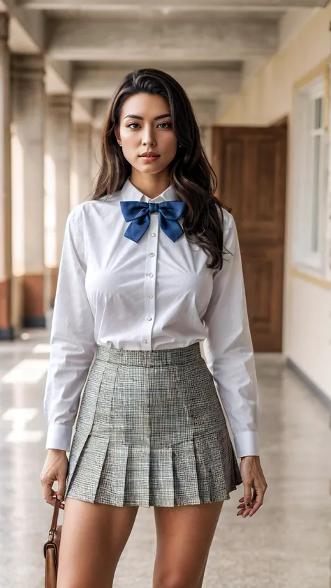 (masterpiece, best quality, ultra detailed, absurdres)1.5, 1girl, (sexy, beautiful woman, perfect face, perfect eyes, perfect female body, large breasts)1.5, (school uniform, bow-tie, white shirt, [blue|red|green|purple|black] pleated skirt, [socks|kneehighs], [loafers|mary janes], <lora:School Dress By Stable Yogi:0.8>, <lora:DETAIL_SLIDER_BY_STABLE_YOGI:0.5>), (full body, standing, indoors, school hallway), perfect lighting, smooth, hdr