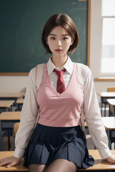 <lora:Pink_Purple_School_Dress_By_Stable_Yogi:0.8>, best quality, masterpiece, illustration, realistic, photo-realistic, amazing, finely detail, incredibly absurdres, huge filesize, ultra-detailed, highres, extremely detailed CG unity 8k wallpaper, nsfw, A cute young woman with Korean-style facial features resembling a popular actress is sitting in a classroom. She has short hair and is wearing light makeup. She is wearing a school uniform, consisting of a pink vest, a white collared shirt with long sleeves, a pleated skirt, and pantyhose. She is also wearing a necktie and a backpack. The scene is set in a well-lit classroom, and the photo is taken from a candid perspective, similar to one taken with a high-end DSLR camera with depth of field.