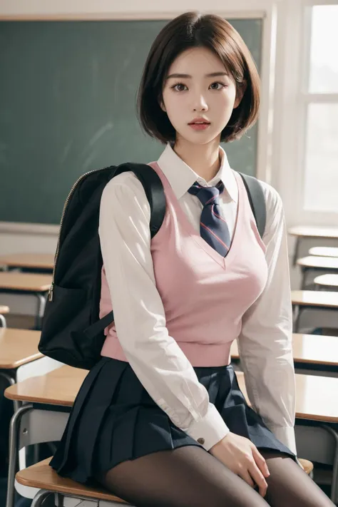 <lora:Pink_Purple_School_Dress_By_Stable_Yogi:0.8>, best quality, masterpiece, illustration, realistic, photo-realistic, amazing, finely detail, incredibly absurdres, huge filesize, ultra-detailed, highres, extremely detailed CG unity 8k wallpaper, nsfw, A cute young woman with Korean-style facial features resembling a popular actress is sitting in a classroom. She has short hair and is wearing light makeup. She is wearing a school uniform, consisting of a pink vest, a white collared shirt with long sleeves, a pleated skirt, and pantyhose. She is also wearing a necktie and a backpack. The scene is set in a well-lit classroom, and the photo is taken from a candid perspective, similar to one taken with a high-end DSLR camera with depth of field.