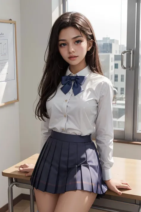 (masterpiece, best quality), 1girl, <lora:School Dress By Stable Yogi:1> school uniform, bow-tie, white shirt, pleated skirt