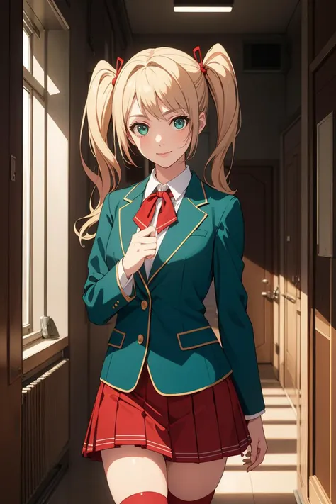 (masterpiece, best quality, beautiful and aesthetic:1.3), 1girl, light smile, solo, blonde hair, twintails, school uniform, green blazer, red skirt, thighhighs, upper body, looking at viewer, shiny skin, beautiful face, beautiful eyes, indoors, school, corridor, windows, standing, extreme detailed, official art, professional illustration, hires, <lora:GRB_School_Dress_By_Stable_Yogi:1>