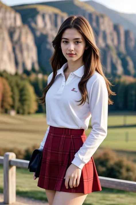 1 woman, 22yo, (realistic, masterpiece, high detailed skin:1.2) (looking at viewer, full body shot, scenic view, long hair:1.2)
<lora:Polo_Skirt_By_Stable_Yogi:1> white shirt, polo shirt, long sleeves, red plaid skirt