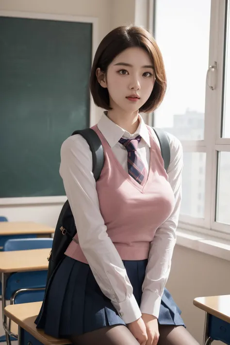 <lora:Pink_Purple_School_Dress_By_Stable_Yogi:0.8>, best quality, masterpiece, illustration, realistic, photo-realistic, amazing, finely detail, incredibly absurdres, huge filesize, ultra-detailed, highres, extremely detailed CG unity 8k wallpaper, nsfw, A cute young woman with Korean-style facial features resembling a popular actress is sitting in a classroom. She has short hair and is wearing light makeup. She is wearing a school uniform, consisting of a pink vest, a white collared shirt with long sleeves, a pleated skirt, and pantyhose. She is also wearing a necktie and a backpack. The scene is set in a well-lit classroom, and the photo is taken from a candid perspective, similar to one taken with a high-end DSLR camera with depth of field.