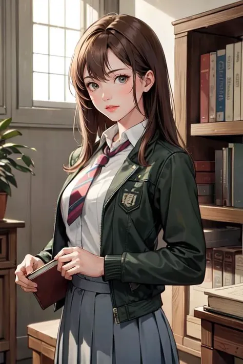 1girl, solo, upper body, portrait, green jacket, white shirt, pleated skirt, neck tie, school dress, standing, <lora:GW_School_Dress_By_Stable_Yogi:1>, shiny skin, indoors, library, books, looking at viewer, masterpiece, best quality, amazing, beautiful and aesthetic, absurdres