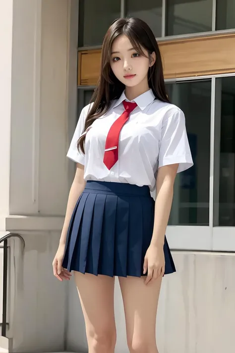 1girl, <lora:White_Blue_SchoolDress_By_Stable_Yogi:0.8> school uniform, white shirt, red tie, blue pleated microskirt,
