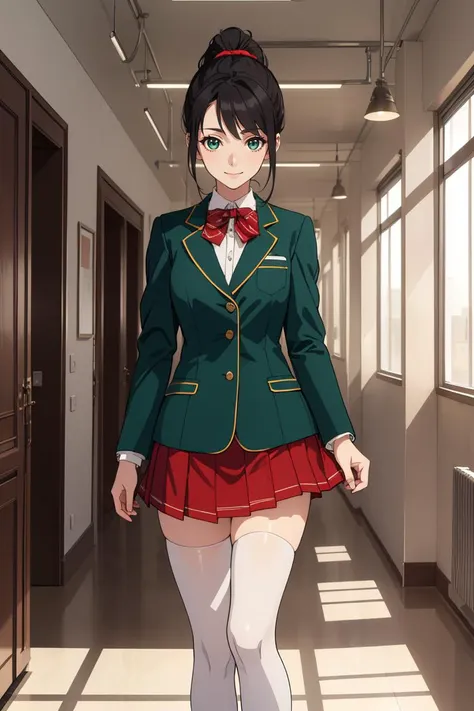 (masterpiece, best quality, beautiful and aesthetic:1.3), 1girl, light smile, solo, black hair, ponytail, school uniform, green blazer, red skirt, thighhighs, upper body, looking at viewer, shiny skin, beautiful face, beautiful eyes, indoors, school, corridor, windows, standing, extreme detailed, official art, professional illustration, hires, <lora:GRB_School_Dress_By_Stable_Yogi:1>