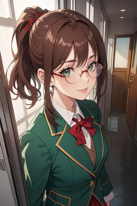 (masterpiece, best quality, beautiful and aesthetic:1.3), 1girl, light smile, solo, brown hair, ponytail, glasses, upper body, portrait, school uniform, green blazer, red skirt, thighhighs, looking at viewer, shiny skin, beautiful face, beautiful eyes, indoors, school, corridor, windows, standing, extreme detailed, official art, professional illustration, hires, <lora:GRB_School_Dress_By_Stable_Yogi:0.8>