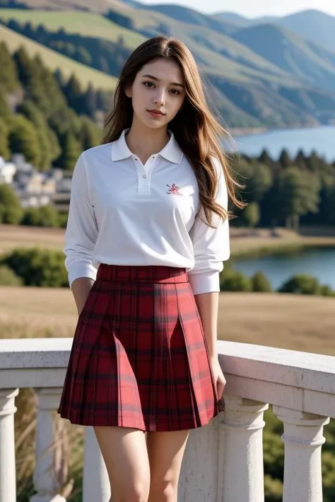 1 woman, 22yo, (realistic, masterpiece, high detailed skin:1.2) (looking at viewer, full body shot, scenic view, long hair:1.2)
<lora:Polo_Skirt_By_Stable_Yogi:1> white shirt, polo shirt, long sleeves, red plaid skirt