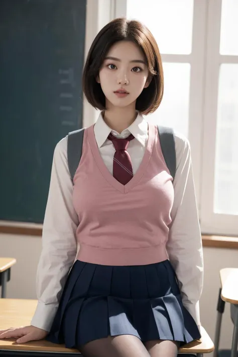 <lora:Pink_Purple_School_Dress_By_Stable_Yogi:0.8>, best quality, masterpiece, illustration, realistic, photo-realistic, amazing, finely detail, incredibly absurdres, huge filesize, ultra-detailed, highres, extremely detailed CG unity 8k wallpaper, nsfw, A cute young woman with Korean-style facial features resembling a popular actress is sitting in a classroom. She has short hair and is wearing light makeup. She is wearing a school uniform, consisting of a pink vest, a white collared shirt with long sleeves, a pleated skirt, and pantyhose. She is also wearing a necktie and a backpack. The scene is set in a well-lit classroom, and the photo is taken from a candid perspective, similar to one taken with a high-end DSLR camera with depth of field.