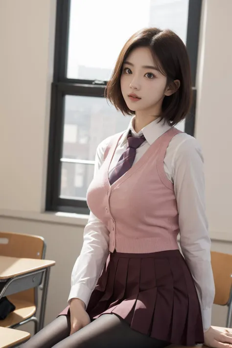 <lora:Pink_Purple_School_Dress_By_Stable_Yogi:0.8>, best quality, masterpiece, illustration, realistic, photo-realistic, amazing, finely detail, incredibly absurdres, huge filesize, ultra-detailed, highres, extremely detailed CG unity 8k wallpaper, nsfw, A cute young woman with Korean-style facial features resembling a popular actress is sitting in a classroom. She has short hair and is wearing light makeup. She is wearing a school uniform, consisting of a pink vest, a white collared shirt with long sleeves, a pleated skirt, and pantyhose. She is also wearing a necktie and a backpack. The scene is set in a well-lit classroom, and the photo is taken from a candid perspective, similar to one taken with a high-end DSLR camera with depth of field.