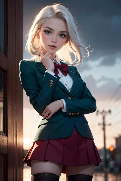 cute,slender,european, eyes,pale cheeks,square face shape with angular jaw,natural "no-makeup" makeup,(icy platinum blonde hair),
Small Breasts,
blurred desaturated bokeh background,
dark theme,
soothing tones,
muted colors,
high contrast,
(pale skin texture, hyperrealism, soft light, sharp),
artistic photoshoot,
milkmaid braid hair,
(ultra realistic,32k, masterpiece),(high detailed skin),( high quality),
(looking at viewer, standing, from below:1.1),misty rain under soft moonlight,
<lora:GRB_School_Dress_By_Stable_Yogi:0.8> school uniform, green blazer, red skirt, thighhighs