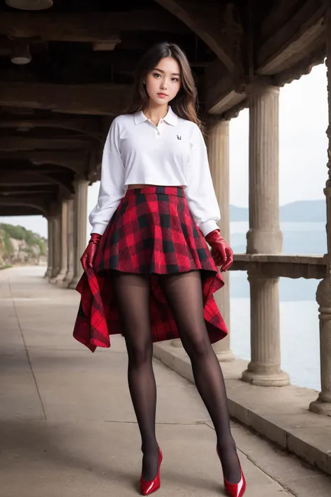 realistic,masterpiece,1girl,solo,high detailed skin,looking at viewer,full body,scenic view,long hair,asymmetrical_sleeves,half_gloves,detailed legs,bare feets,black pantyhose,shoes,<lora:Polo_Skirt_By_Stable_Yogi:1>, white shirt,polo shirt,long sleeves,red plaid skirt,midriff,