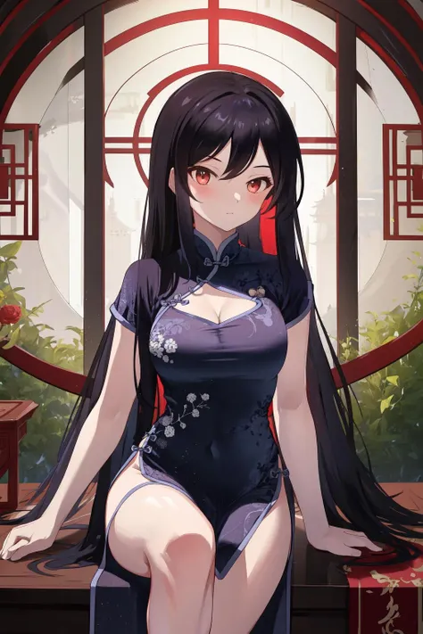 masterpiece, (ultra detailed background, delicate pattern, intricate detail), (highly detailed, fine details), best quality, beautiful lighting, 1girl, solo, Luna, black hair, lips, red eyes, long hair, blunt bangs, closed mouth, red lips, ((slim girl, medium breasts)), red bikini, red swimsuit, red bikini, outside, nature, pool, complex detailed background, blue sky, (cowboy shot),
