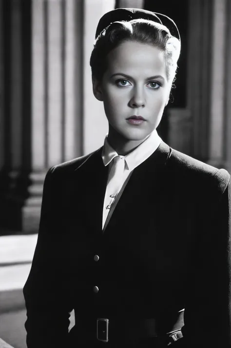 Film noir style, Photorealism <lora:LindaBlairSDXL-000008:1>, LindaBlairSDXL in mormon clothes, in the court of a monastery, Photorealism, often for highly detailed representation, photographic accuracy, or visual illusion., Monochrome, high contrast, dramatic shadows, 1940s style, mysterious, cinematic