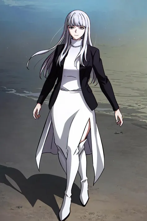 (best quality) , (highly detailed) ,masterpiece ,absurdres ,detailed face ,beautiful face ,(detailed eyes, deep eyes, anime eyes) ,1girl , solo,
Balancing, pretending to walk on a rainbow,
003, grey eyes, grey hair, white hair, long hair, jacket, sweater, black jacket, turtleneck, very long sweater dress, long sweater, (white slit long skirt:1.2), turtleneck sweater, (white thigh boots:1.3), slight smile, <lora:003V1:0.8>