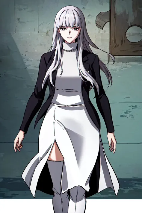 (best quality) , (highly detailed) ,masterpiece ,absurdres ,detailed face ,beautiful face ,(detailed eyes, deep eyes, anime eyes) ,1girl , solo,
Leaning back, mimicking a limbo dance,
003, grey eyes, grey hair, white hair, long hair, jacket, sweater, black jacket, turtleneck, very long sweater dress, long sweater, (white slit long skirt:1.2), turtleneck sweater, (white thigh boots:1.3), slight smile, <lora:003V1:0.8>