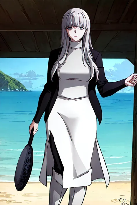 (best quality) , (highly detailed) ,masterpiece ,absurdres ,detailed face ,beautiful face ,(detailed eyes, deep eyes, anime eyes) ,1girl , solo,
Posing as if holding a beach ball,
003, grey eyes, grey hair, white hair, long hair, jacket, sweater, black jacket, turtleneck, very long sweater dress, long sweater, (white slit long skirt:1.2), turtleneck sweater, (white knee boots:1.3), slight smile, <lora:003V1:0.8>