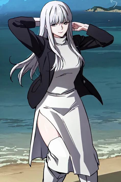 A striking image of an elf woman with elf pointy ears captured in a black swimsuit, with long flowing white hair that cascades down her back. The woman stands confidently with a serene expression, exuding elegance and grace. The swimsuit accentuates her figure, highlighting her slender frame. The contrast between the black swimsuit and her white hair creates a visually captivating scene. The overall composition is aesthetically pleasing, with the woman as the focal point. The simplicity of the swimsuit allows her natural beauty to shine through. This image conveys a sense of confidence and poise, making it a timeless and iconic depiction of feminine beauty. blushing a little, awkward grin.