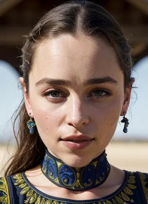 A close up of a woman wearing a blue and gold dress - SeaArt AI